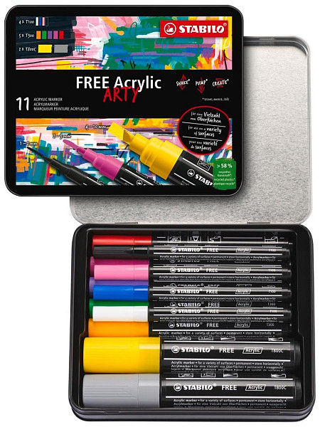 Akrylový popisovač STABILO FREE Acrylic - startovací sada 11 ks se 3 různými hroty - mix barev