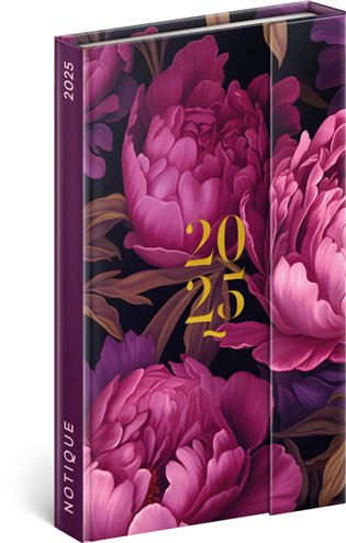 Diář 2025: Fialové květy - týdenní, magnetický, 13 × 21 cm