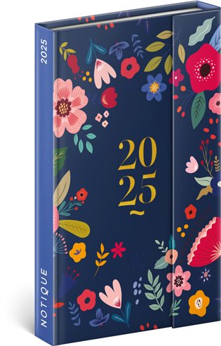 Diář 2025: Modré květy - týdenní, magnetický, 13 × 21 cm