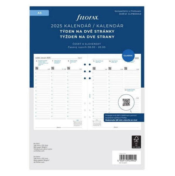 FILOFAX kalendář 2025 A5, týden/2 str, linky, ČJ+SJ