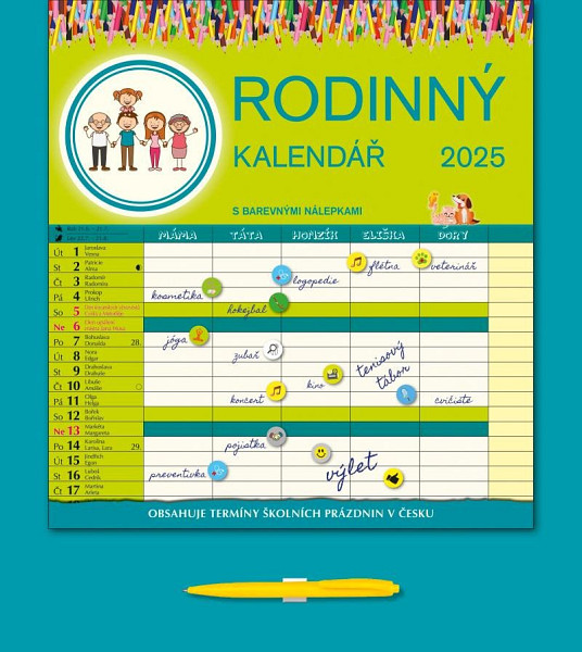 Kalendář 2025 Rodinný s perem, nástěnný, 33 x 37 cm